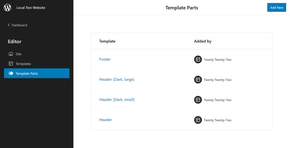 menu des parties du modèle wordpress