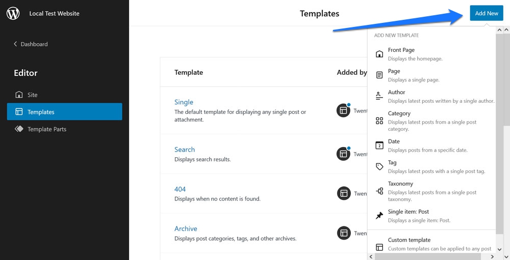 ajouter des modèles personnalisés dans l'éditeur de site wordpress