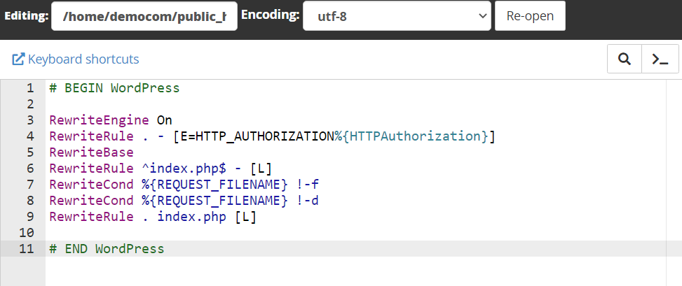 modification du fichier .htaccess dans le gestionnaire de fichiers