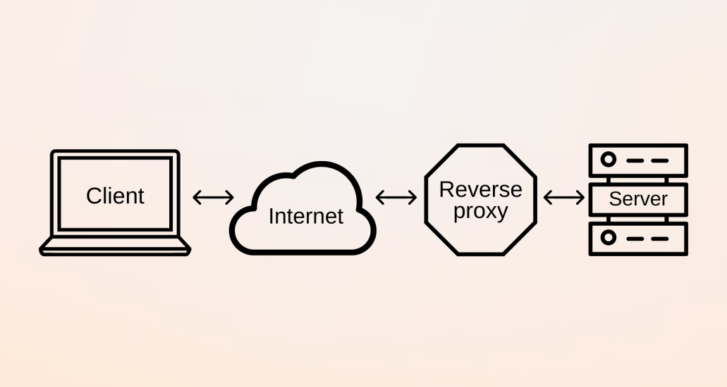 Bir istemci bilgisayardan internete giden ve sunucuya ulaşmadan önce ters proxy tarafından durdurulan bir ters proxy haritasının grafik temsili.