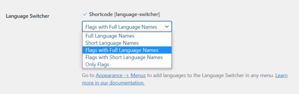 Options de shortcode du sélecteur de langue WordPress