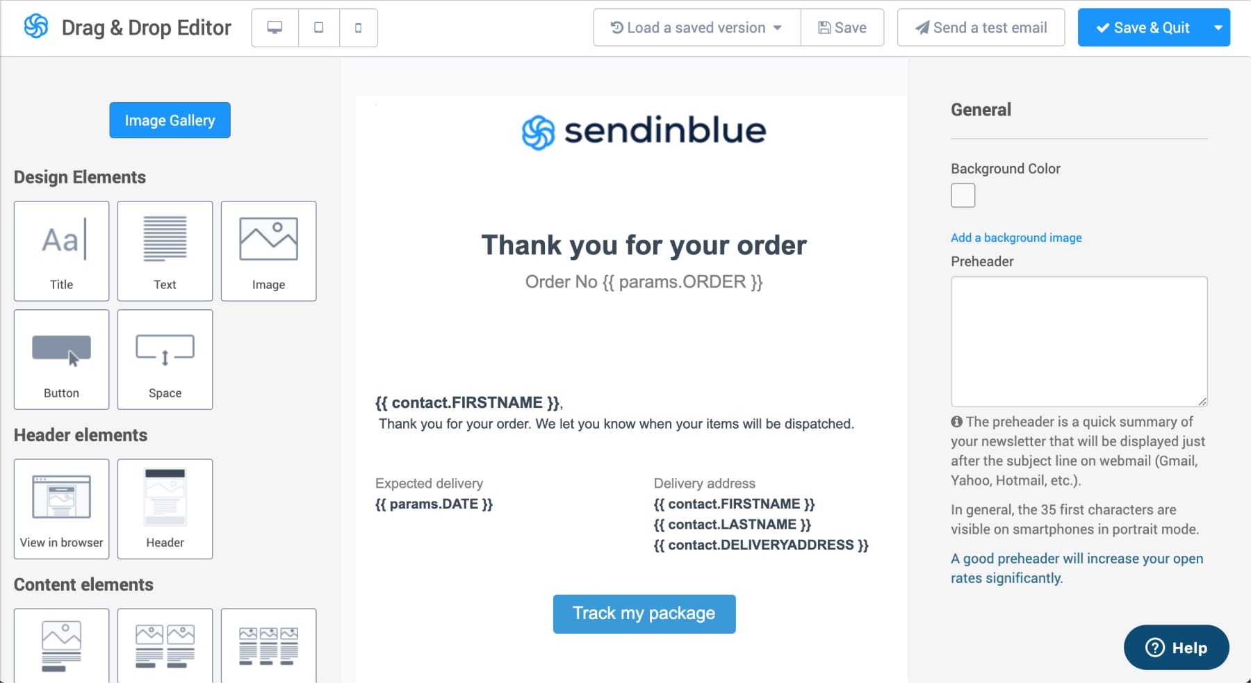 Exemplo de e-mail de confirmação de compra transacional Sendinblue