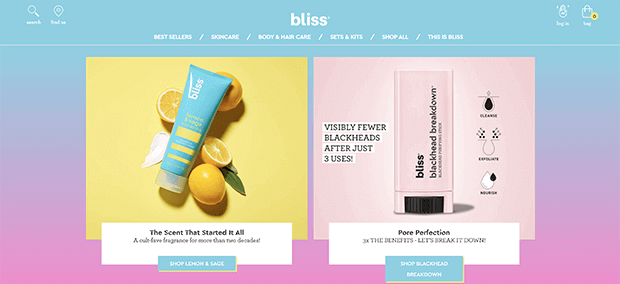 La página de inicio de Bliss es un gran ejemplo de diseño de sitio web de comercio electrónico