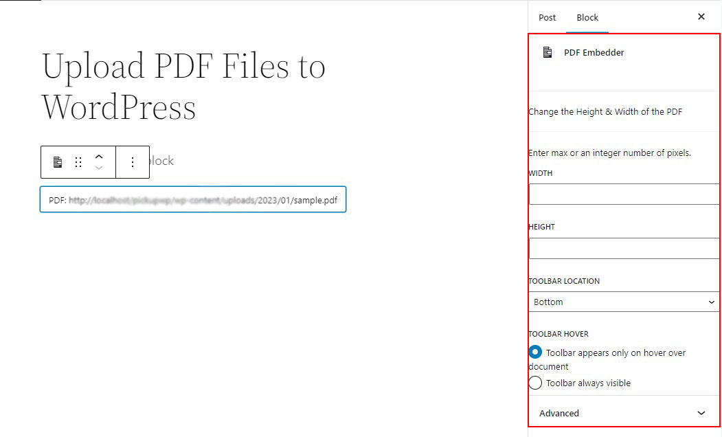 Paramètres du bloc PDF Embedder