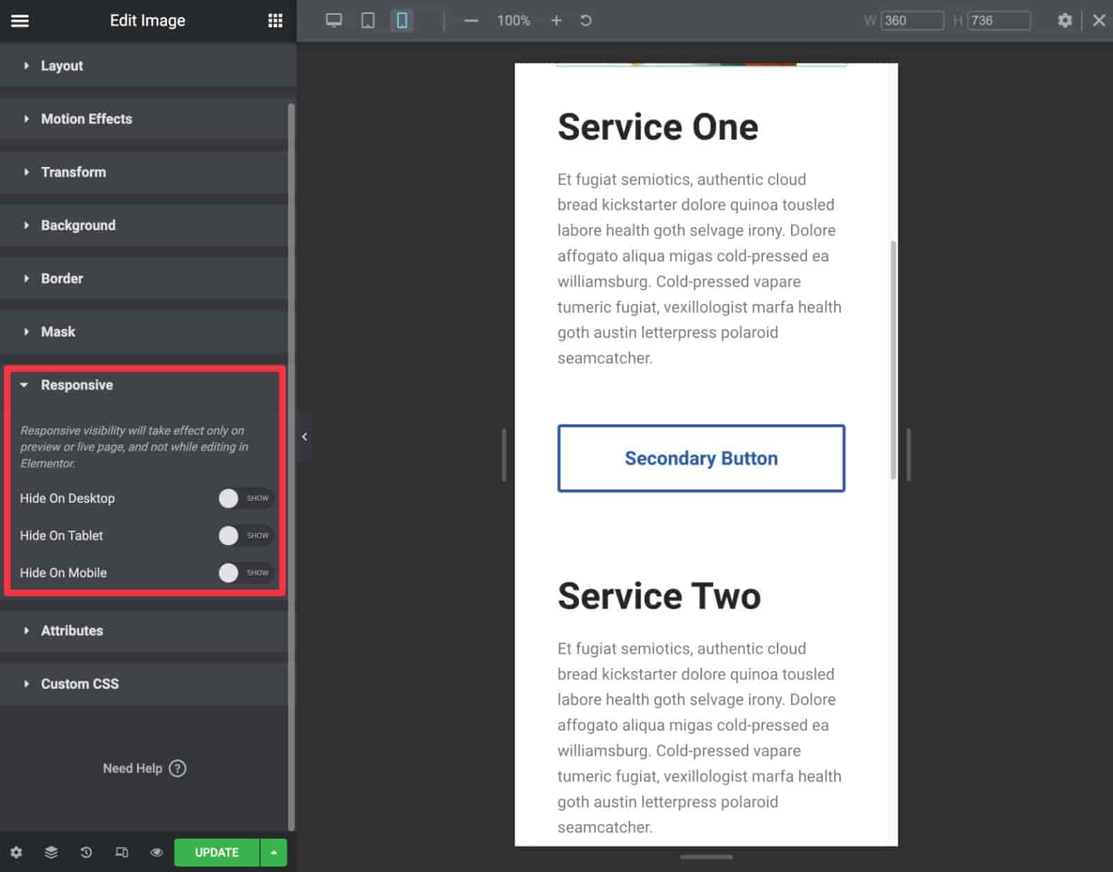 Revisão do Elementor das opções de design responsivo