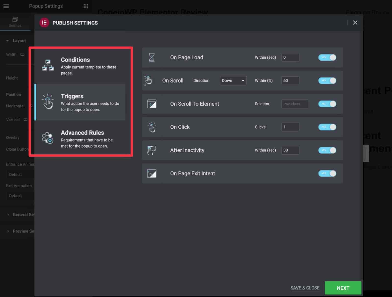 Revisão do Elementor das opções de gatilho do construtor de pop-up