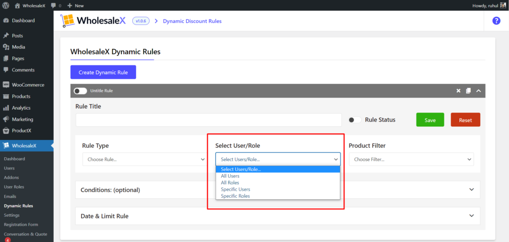 WholesaleX Selecting User Roles