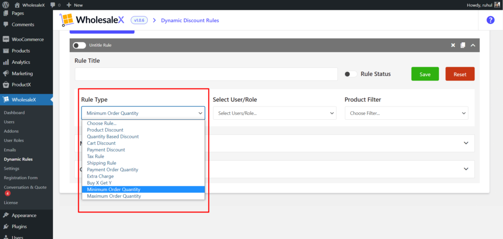 WholesaleX Selecting Minimum Order Quantity Rule Type