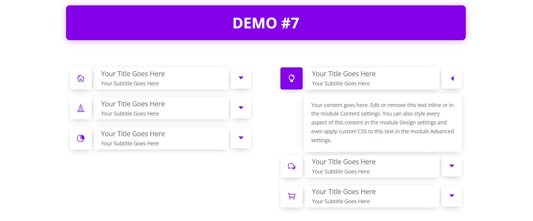 Demonstrações do Divi Accordions Plus