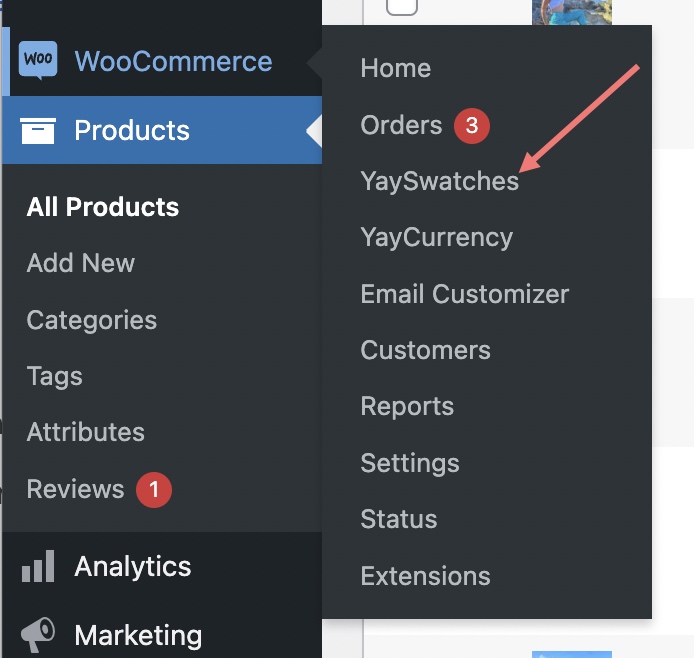 woocommerce ke tab yayswatches di dalam admin wordpress