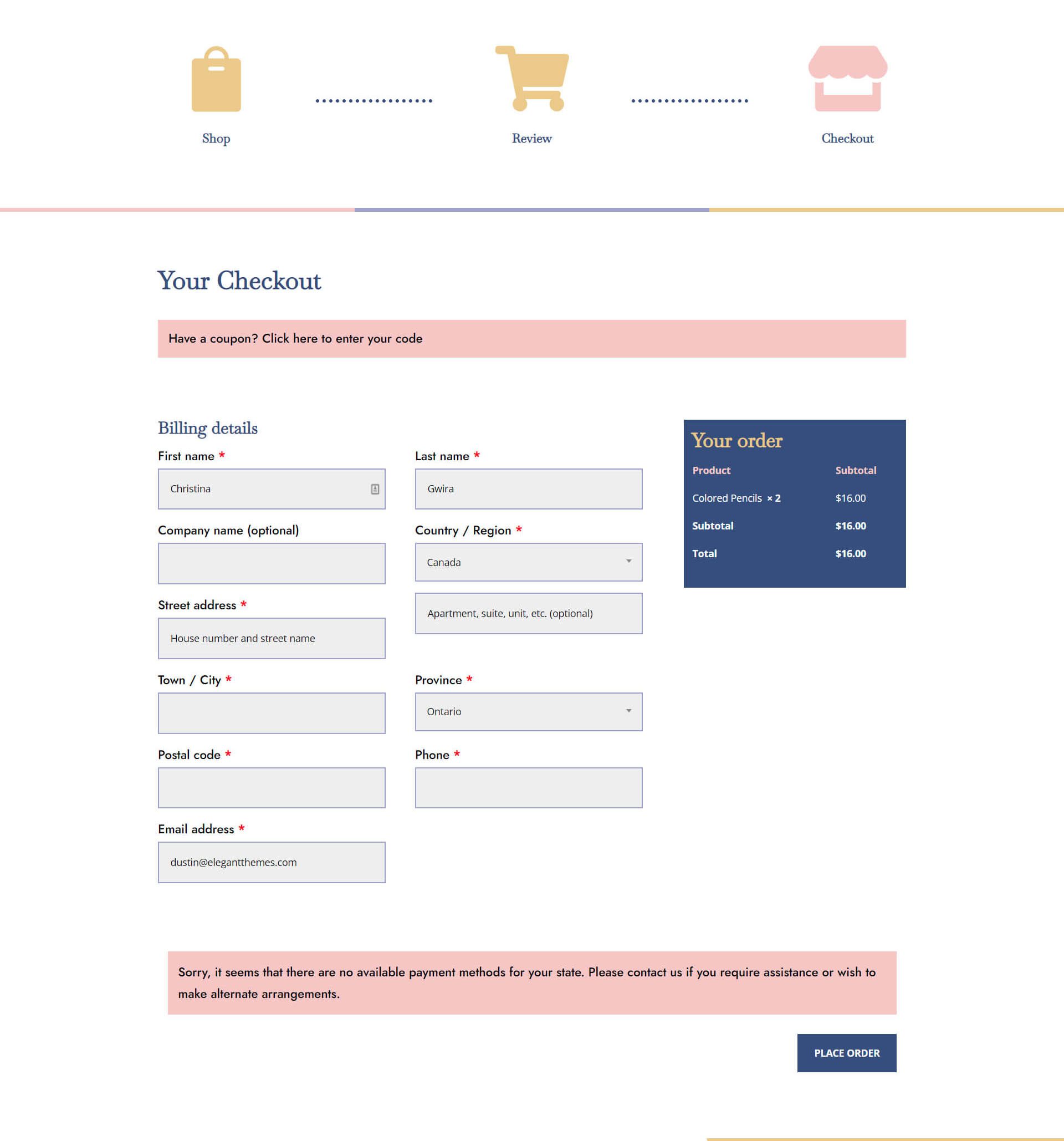 Page de paiement du magasin de jouets Divi avec chronologie du flux de panier - Modèle de paiement