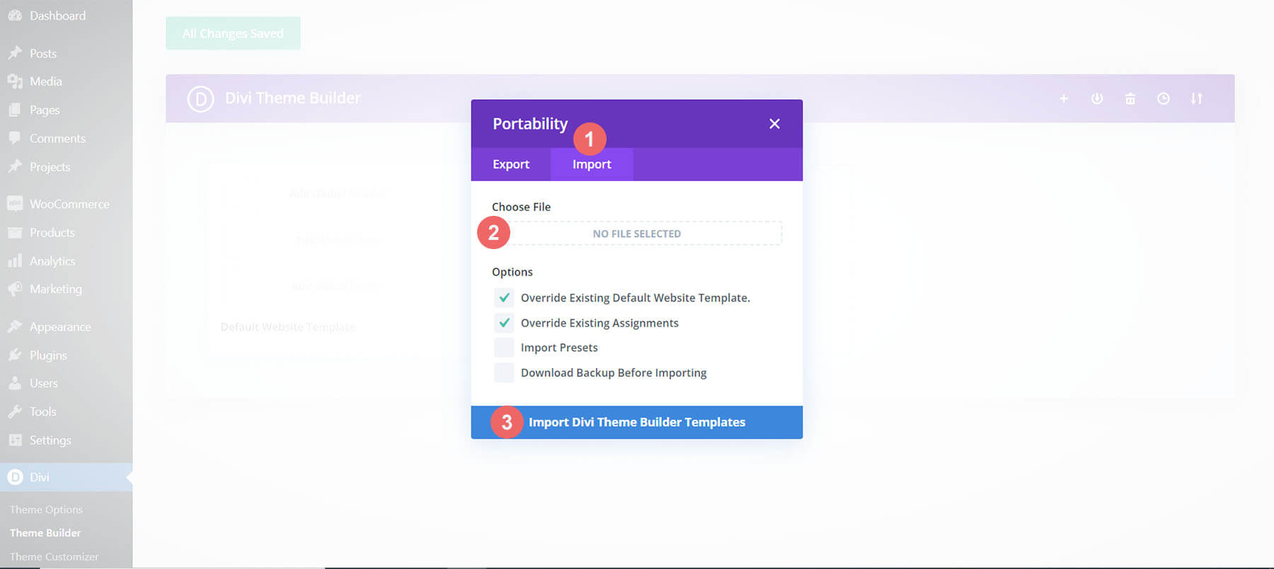 Zakończ importowanie szablonu do Divi Theme Builder