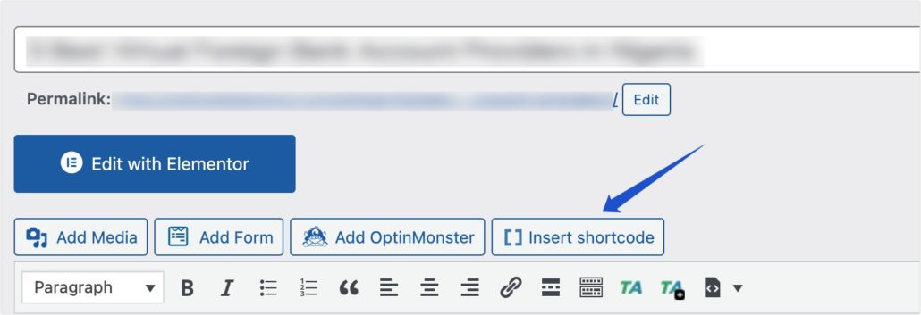 Нажмите «Вставить шорткод» в классическом редакторе.
