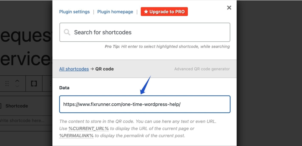 Ingrese el enlace del código QR de WordPress en el campo de datos