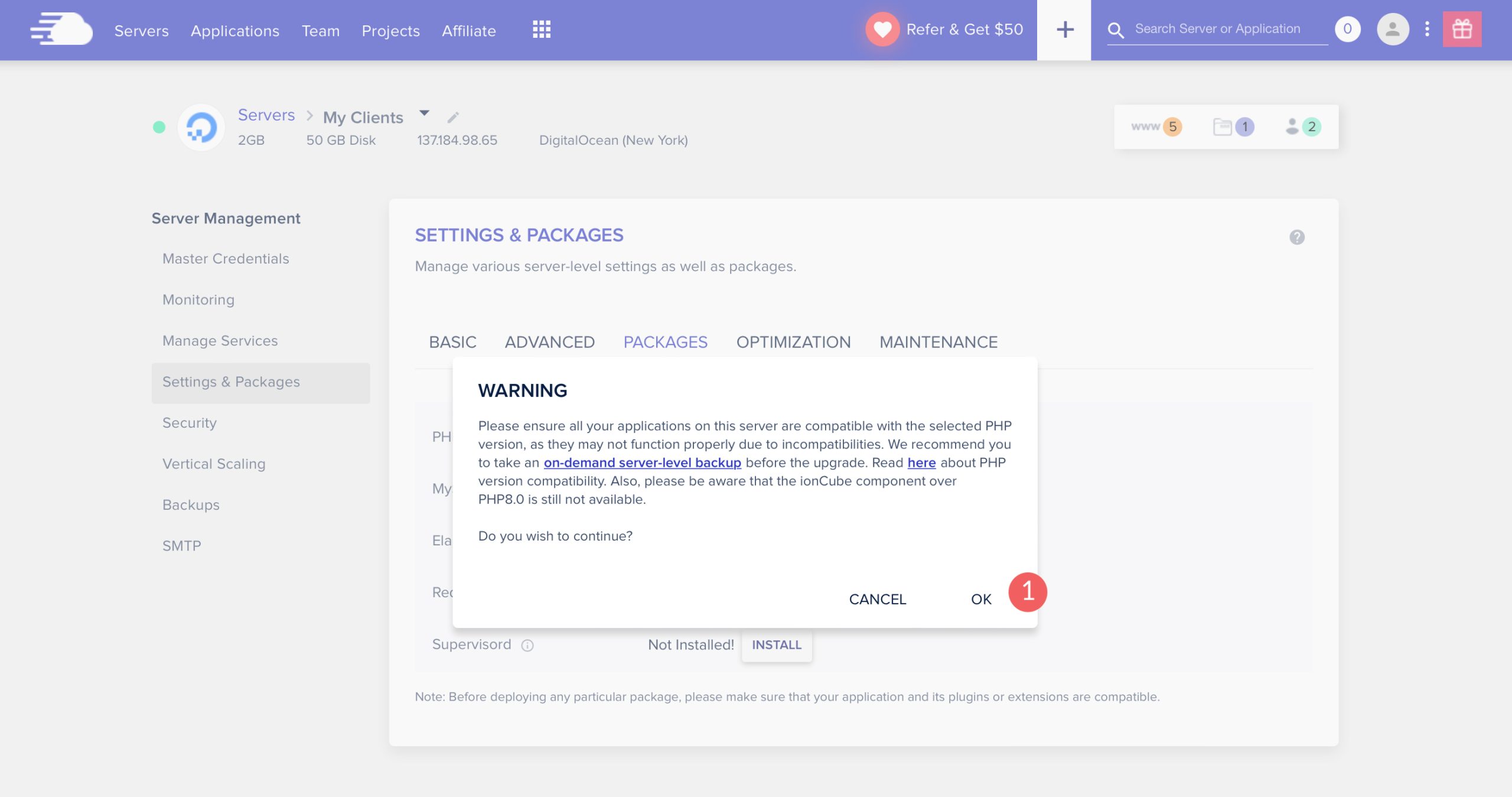 Confrim PHP يغير Cloudways