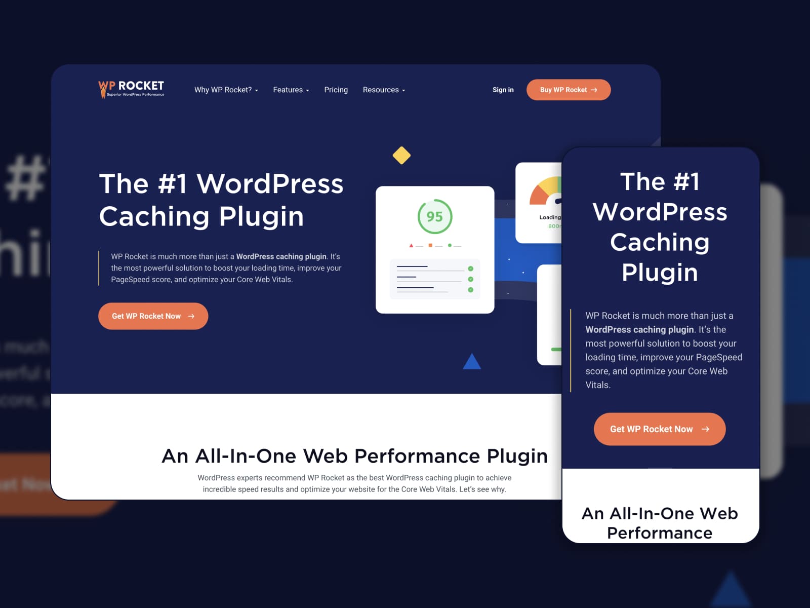 Koyu Mavi Renklerde WP Rocket WordPress Eklentisi için Kolaj.