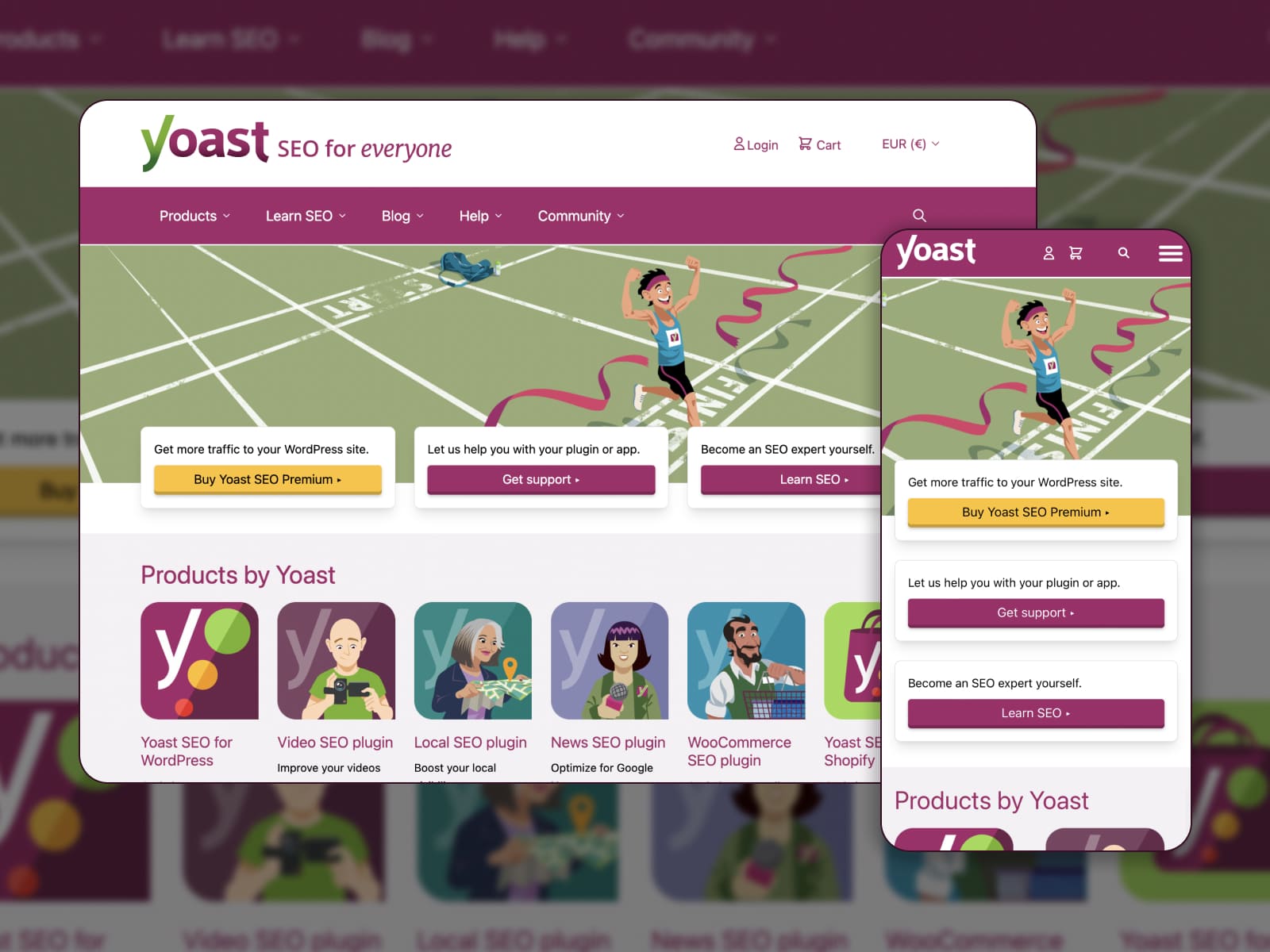 緑と紫の色でデザインされた Yoast SEO コラージュ。