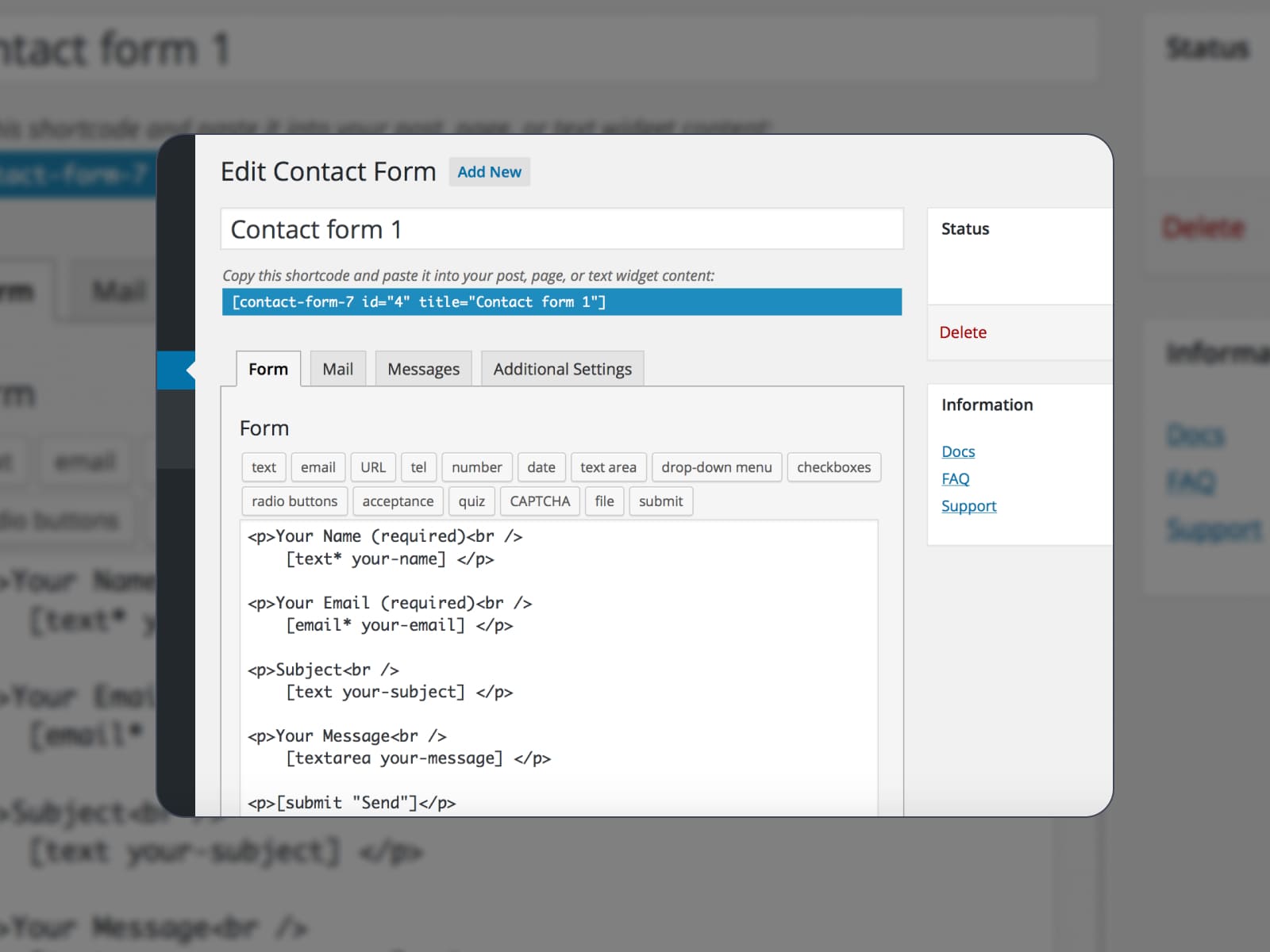 Immagine della dashboard di amministrazione di Contact Form 7 WordPress.