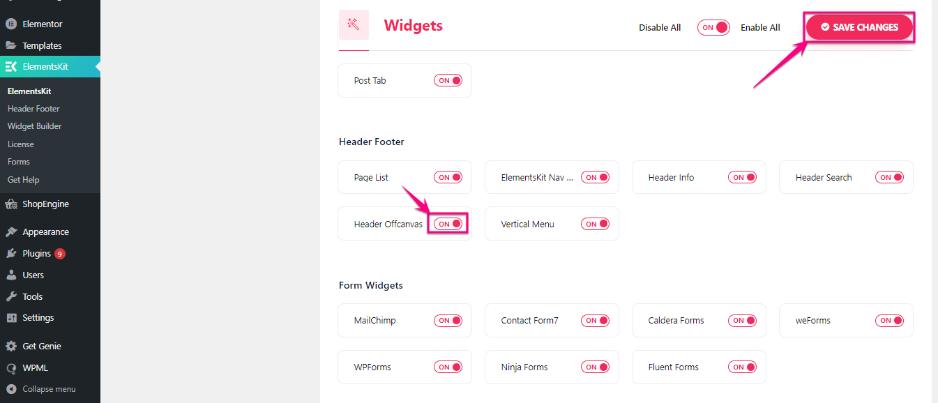 Abilita il widget fuori tela di Elementskit per aggiungere il menu fuori tela