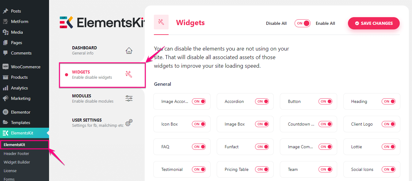 Aktifkan widget offcanvas ElementsKit