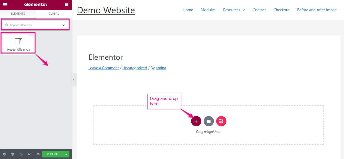 قم بسحب وإسقاط عنصر واجهة المستخدم Canvas لإضافة قائمة باستخدام ElementsKit