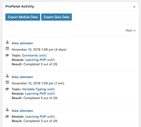 Quizdaten-Propanel exportieren