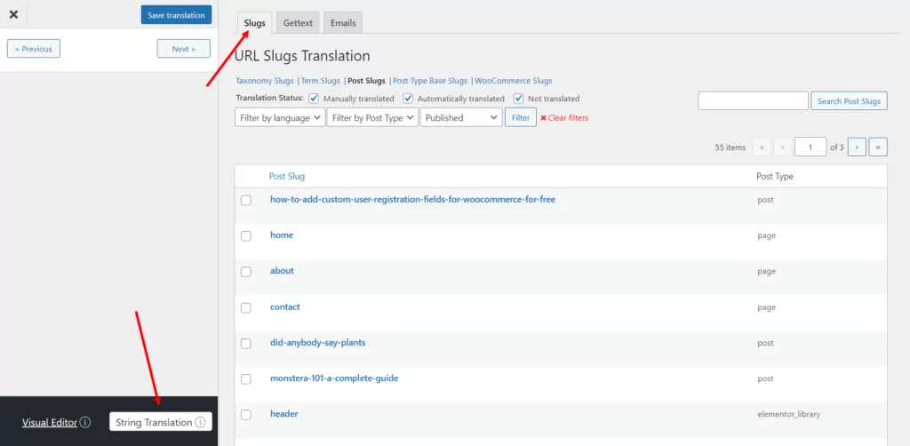 Tab siput di editor terjemahan TranslatePress