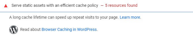 Informações do Google PageSpeed ​​aproveitam o aviso de cache do navegador