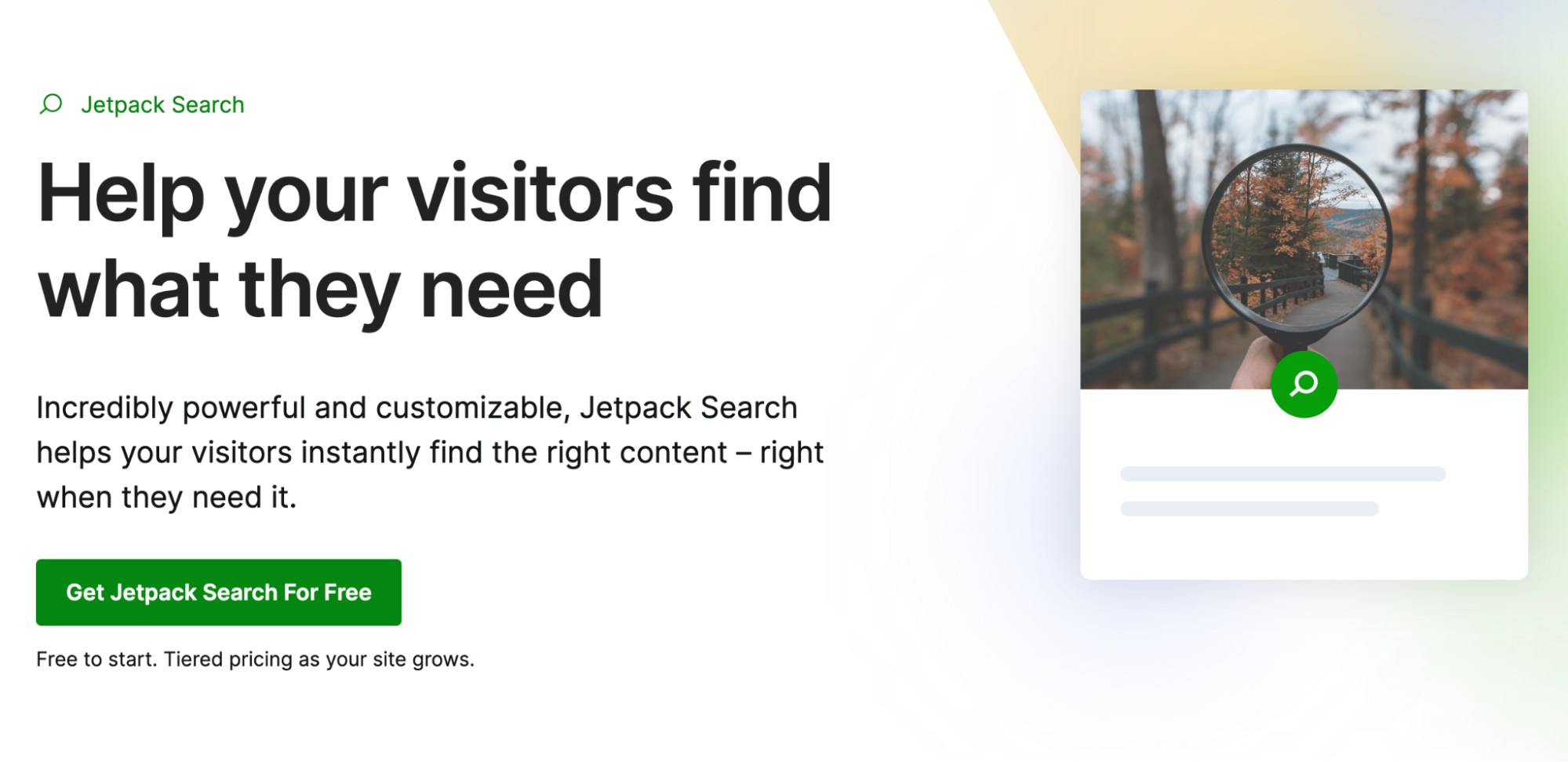 Pagina de pornire Jetpack Search cu textul „Ajută-ți vizitatorii să găsească ceea ce au nevoie”.