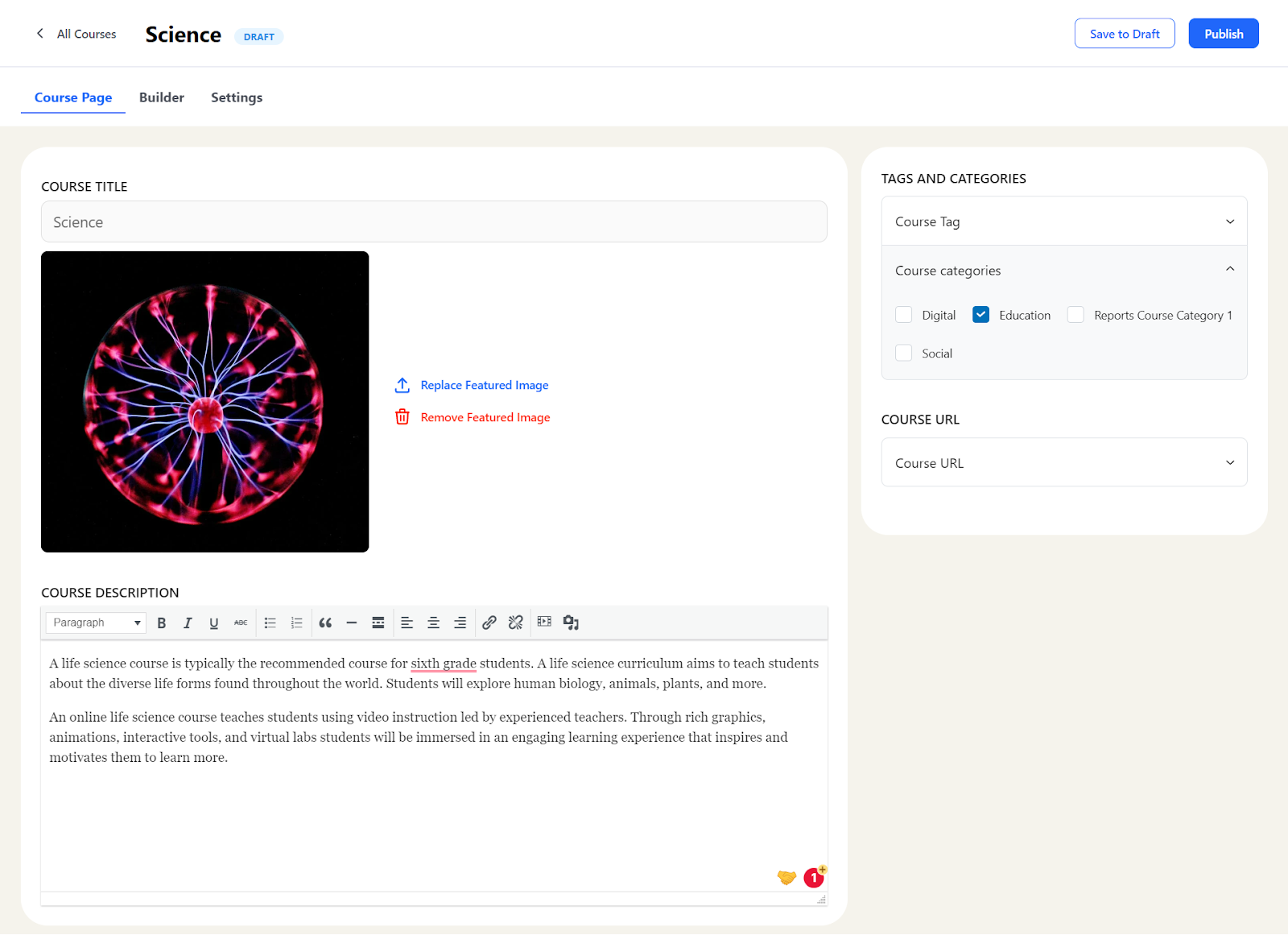 Criador de curso intuitivo na página do curso no front-end