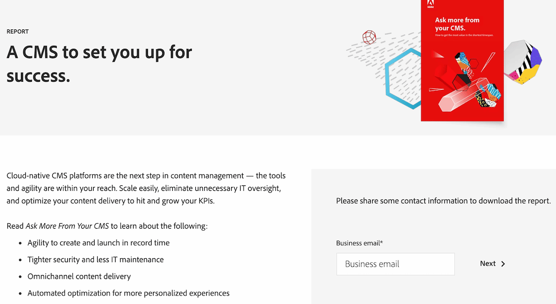 A landing page with report lead form on Adobe's site