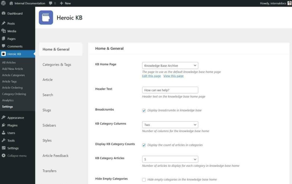 Menú de configuración de la base de conocimientos de Heroic