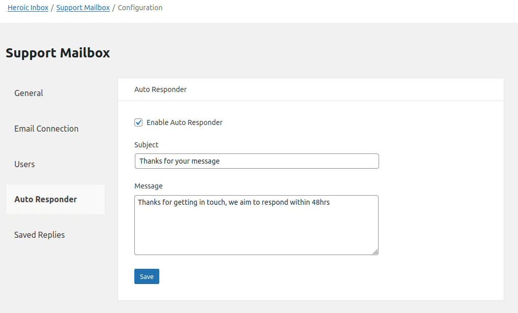 Funzionalità di supporto dell'helpdesk di Auto Responder nel plug-in Heroic Inbox.