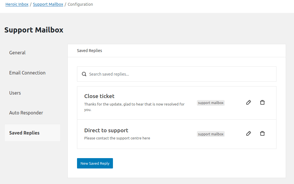 Section des réponses enregistrées dans la boîte de réception héroïque.