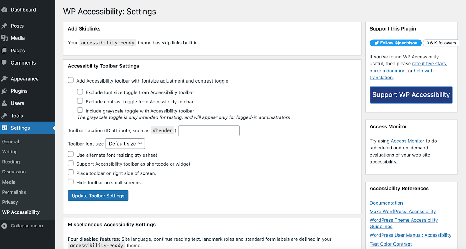 WordPress の WP アクセシビリティ設定のスクリーンショット
