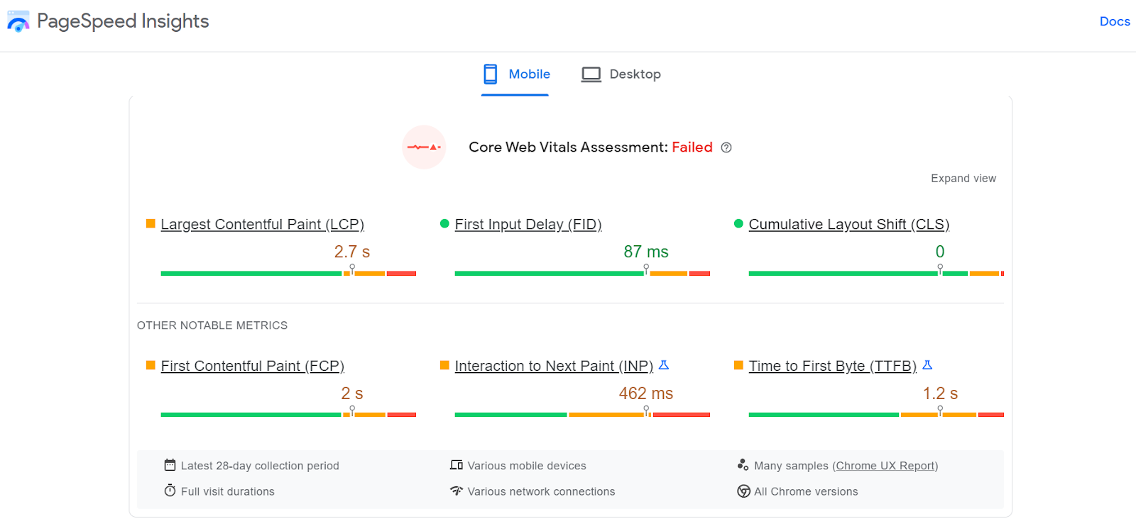 PageSpeed Insights Core Web Vitals 評価