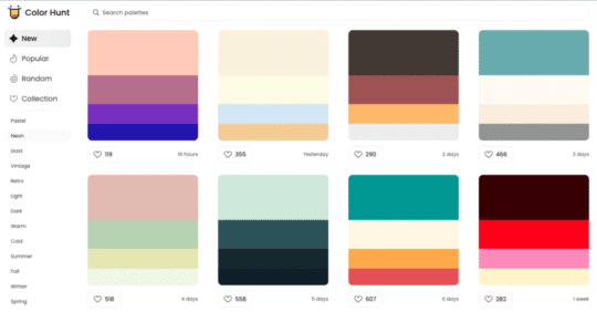 tangkapan layar inspirasi palet yang ditemukan di beranda Color Hunt