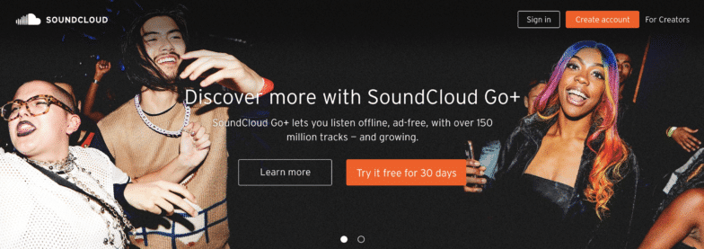 SoundCloud 主页的屏幕截图。他们在左下角的标志是云形的，它的左半部分由几条垂直的细线组成，就像你在音频文件中看到的那样