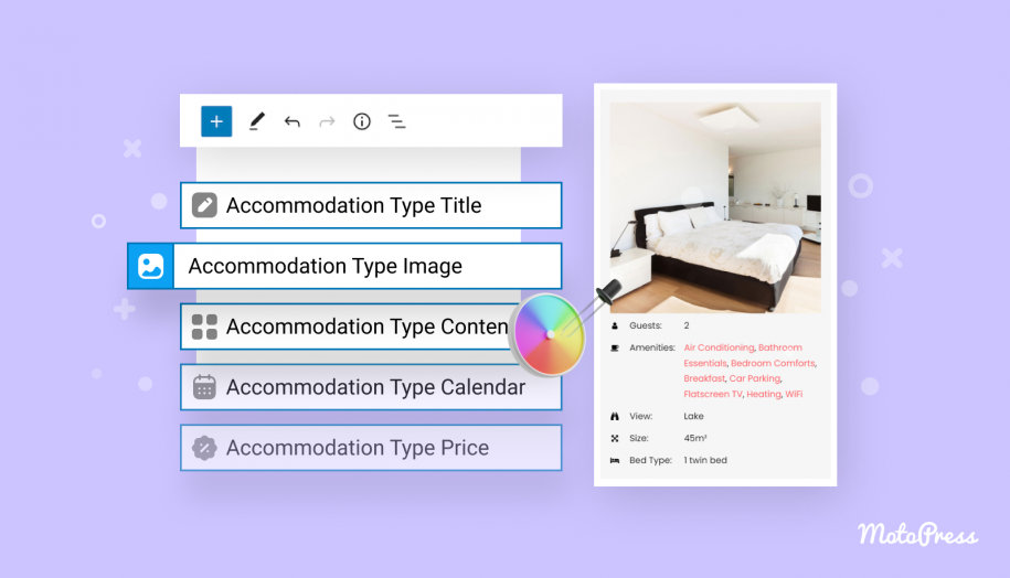 Hotel Booking ブロックと Styles ブロックを示す画像。