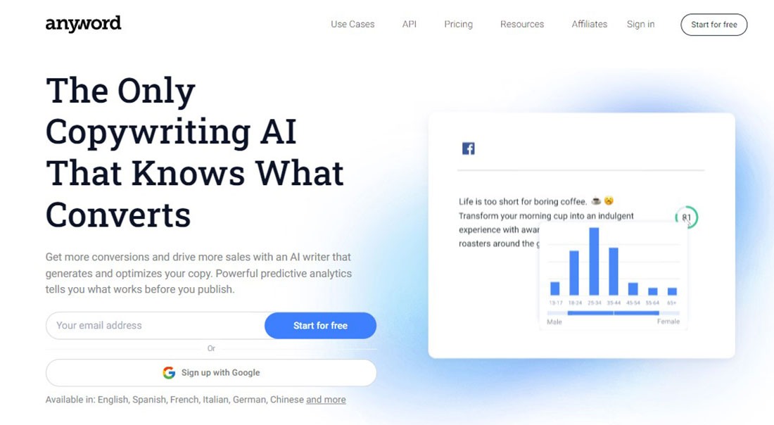 Anyword - AI コピーライティング、AI ライティング アシスタント、テキスト ジェネレーター