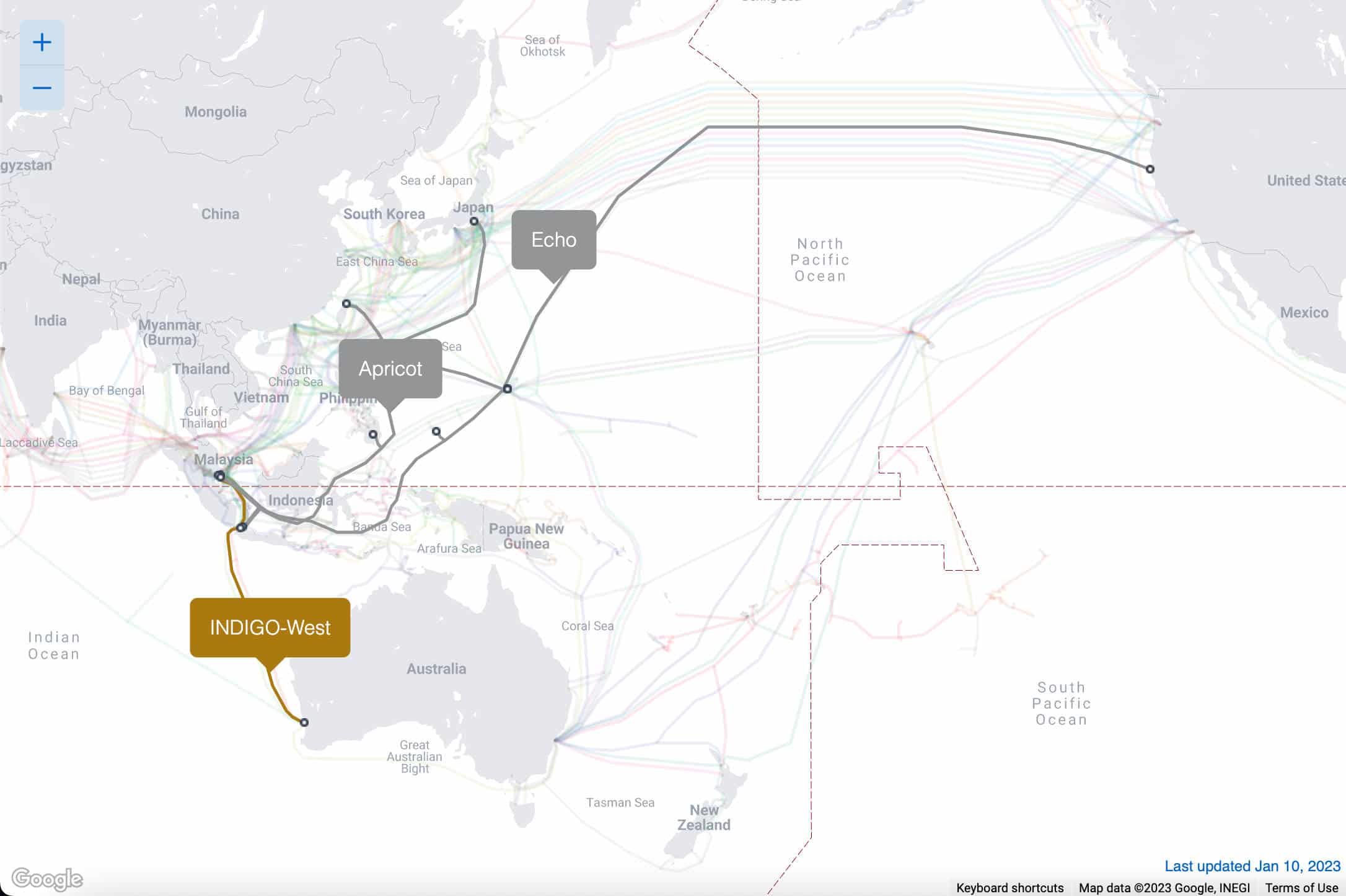 Un mapa que muestra los cables submarinos Indigo-West, Echo y Apricot