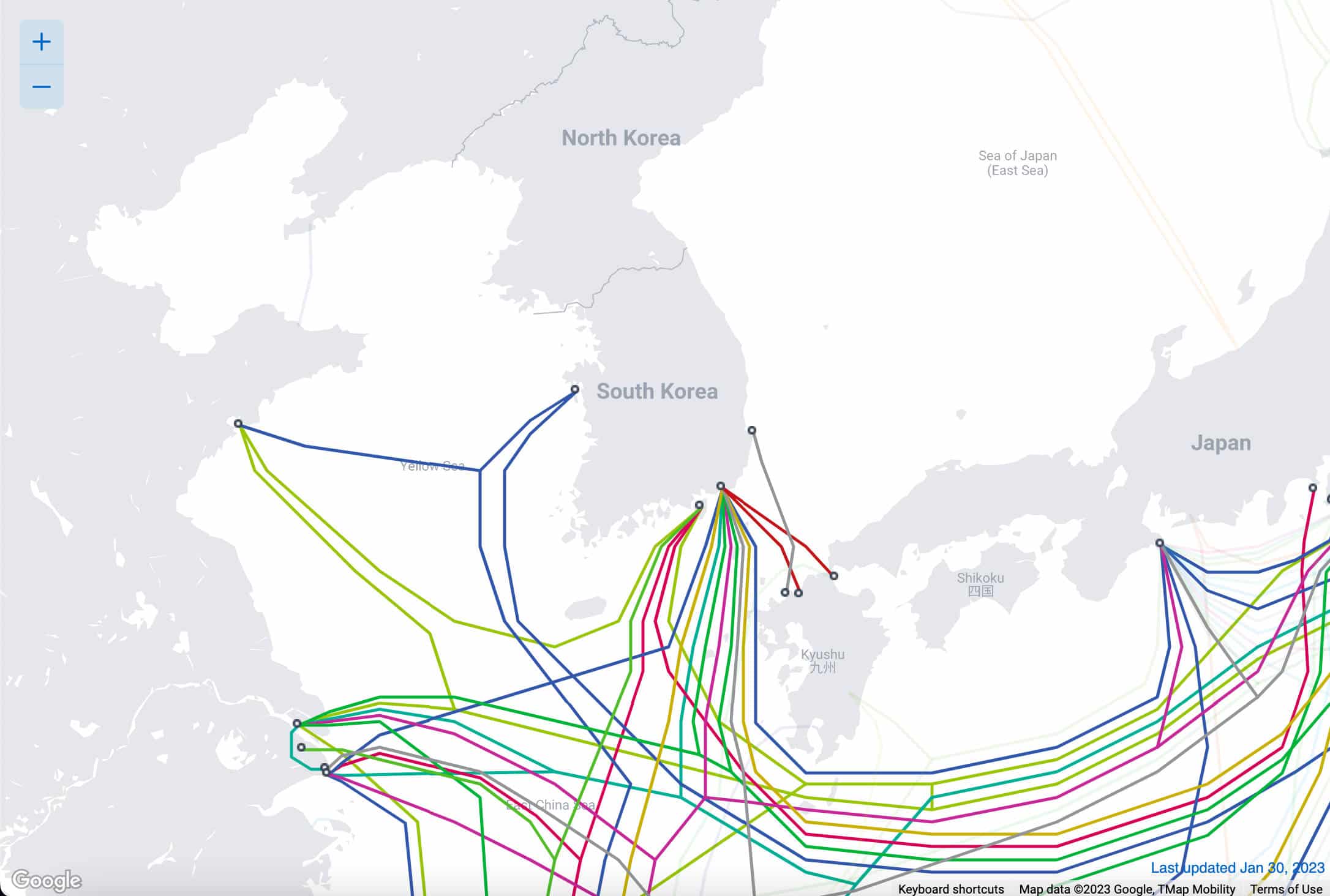 Un mapa de cables submarinos que conectan a Corea del Sur