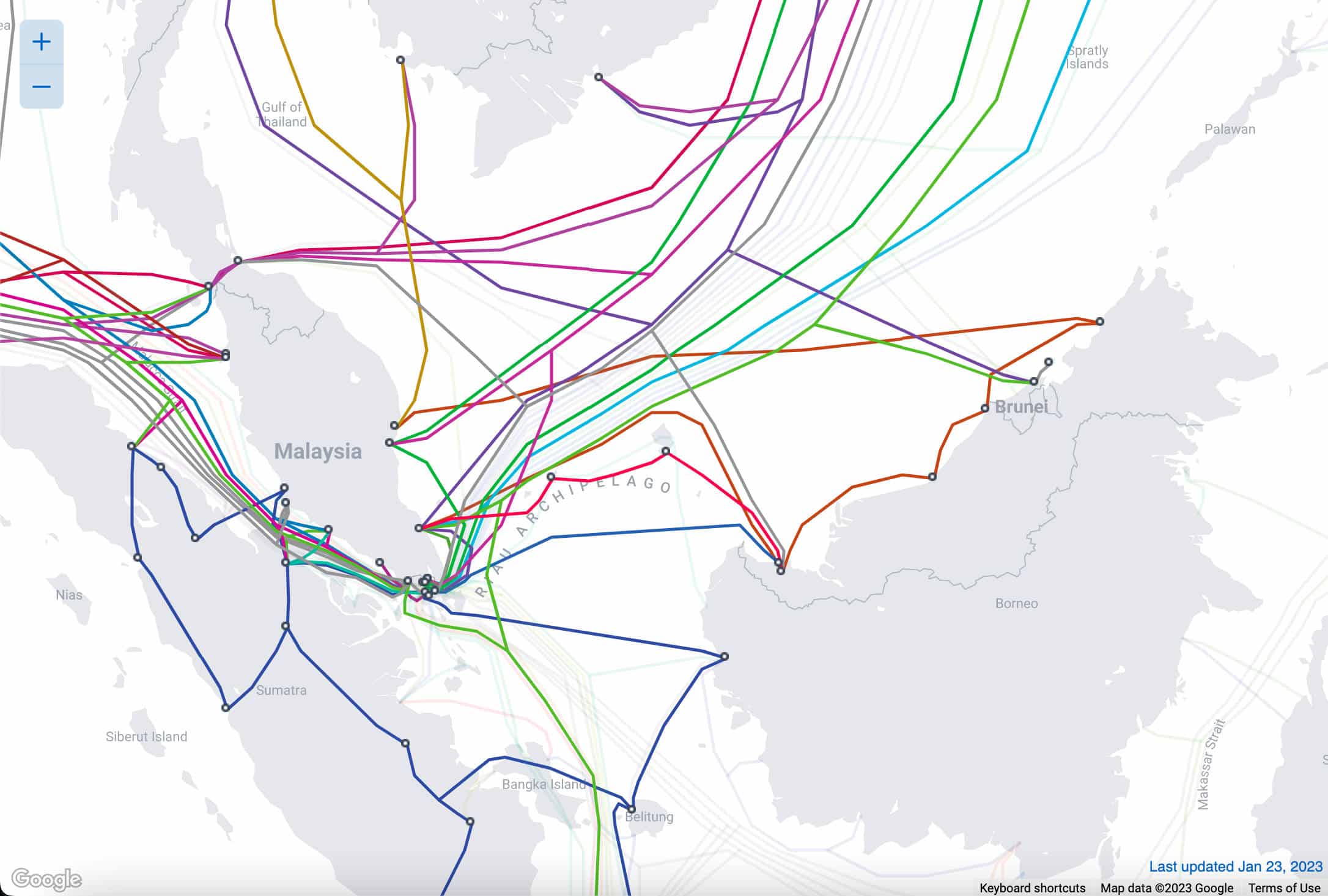 Un mapa de cables submarinos que conectan a Malasia