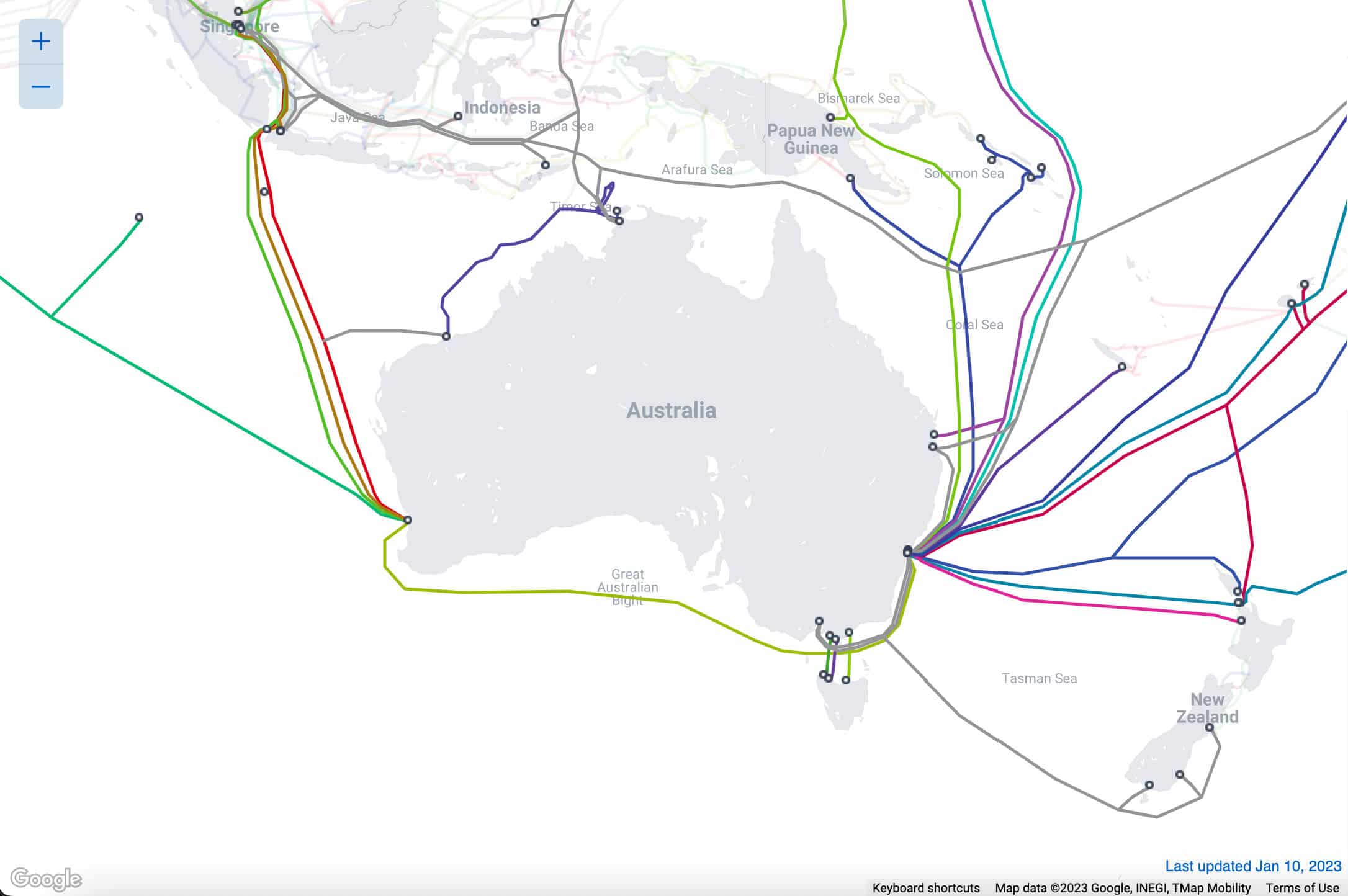 Un mapa de cables submarinos que conectan a Australia