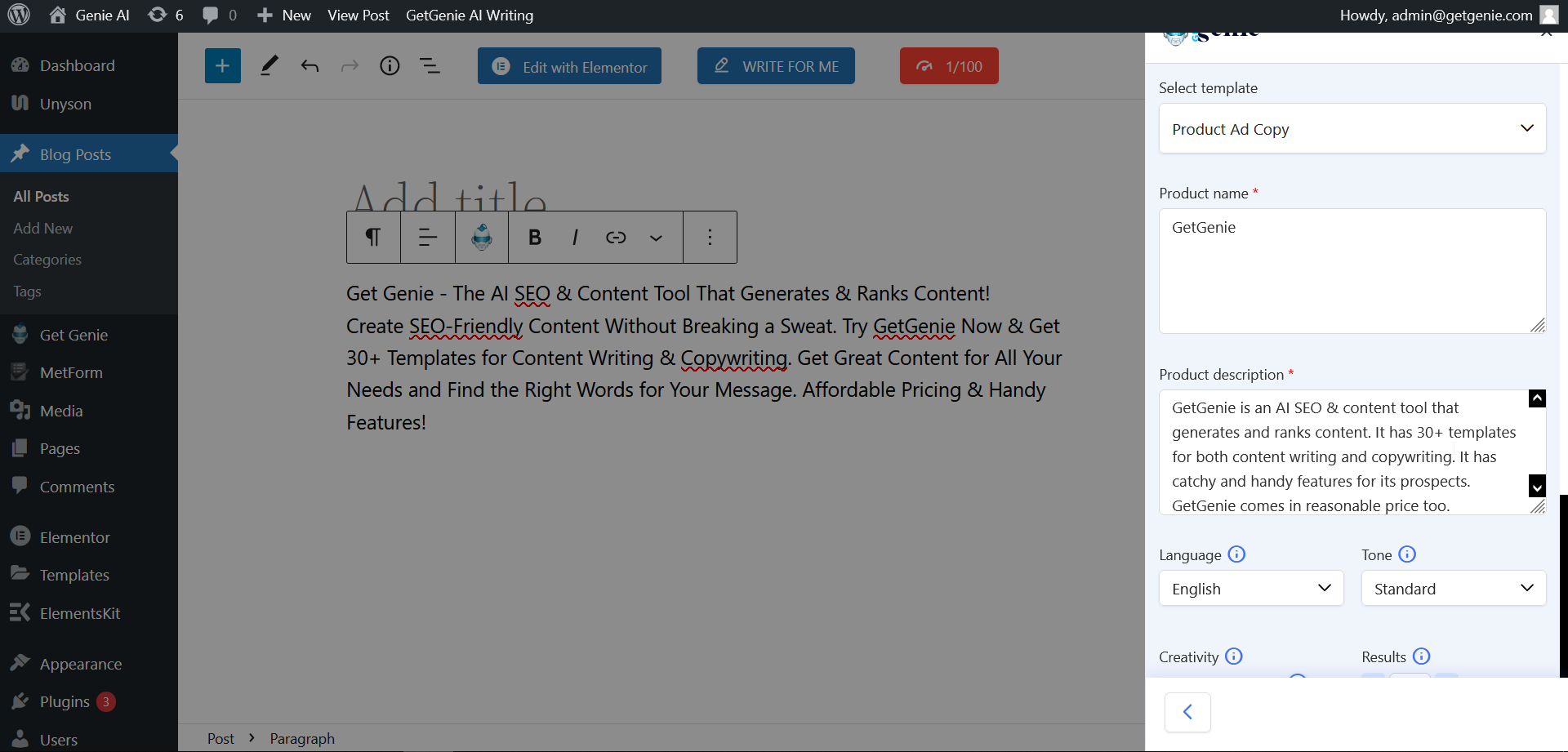 Editor de contenido GetGenie con interfaz