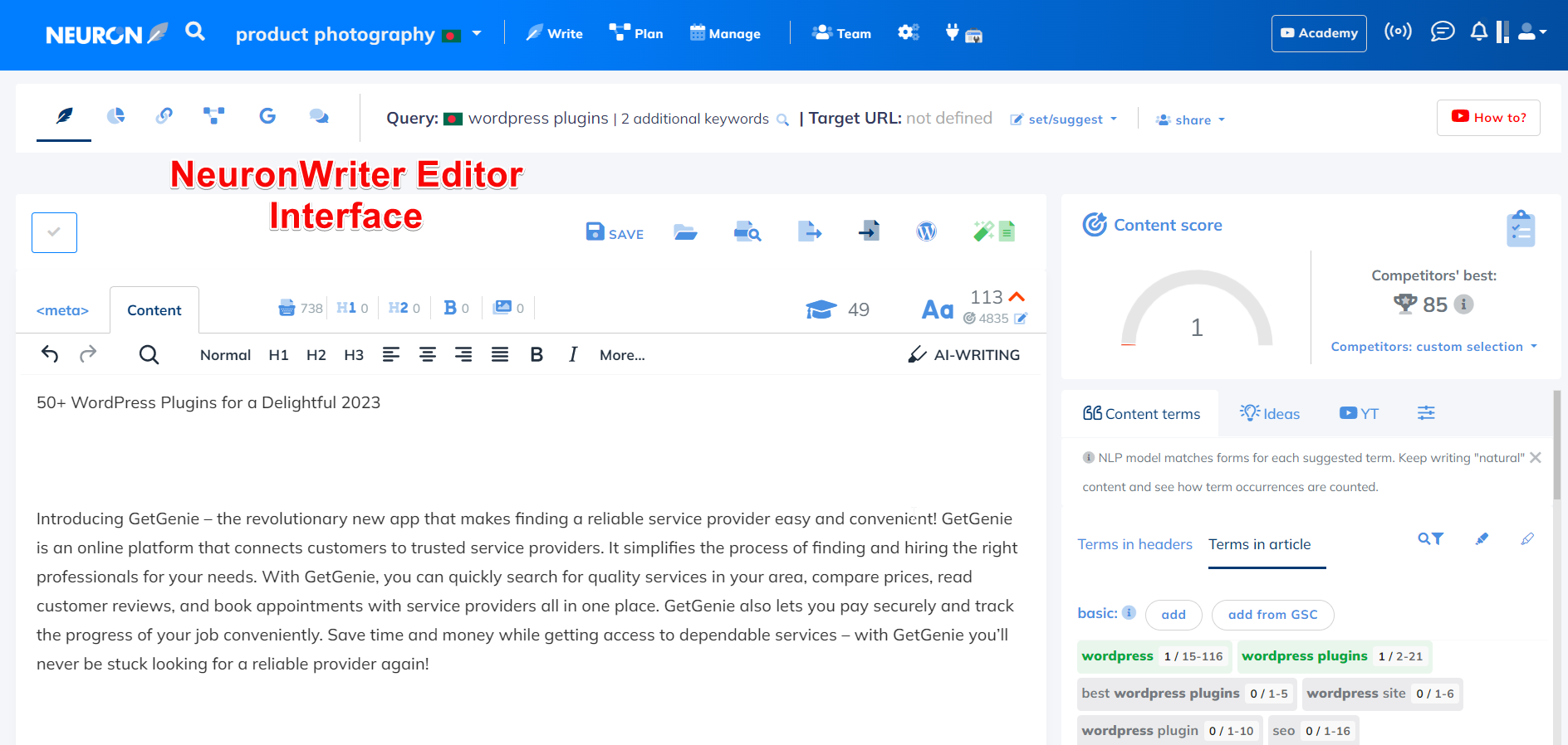 Editor de contenido de NeuronWriter