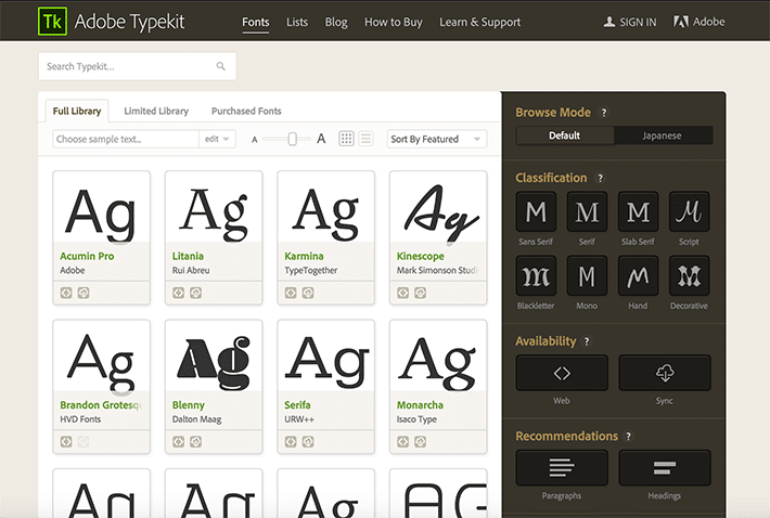 Capture d'écran des options d'Adobe Typekit