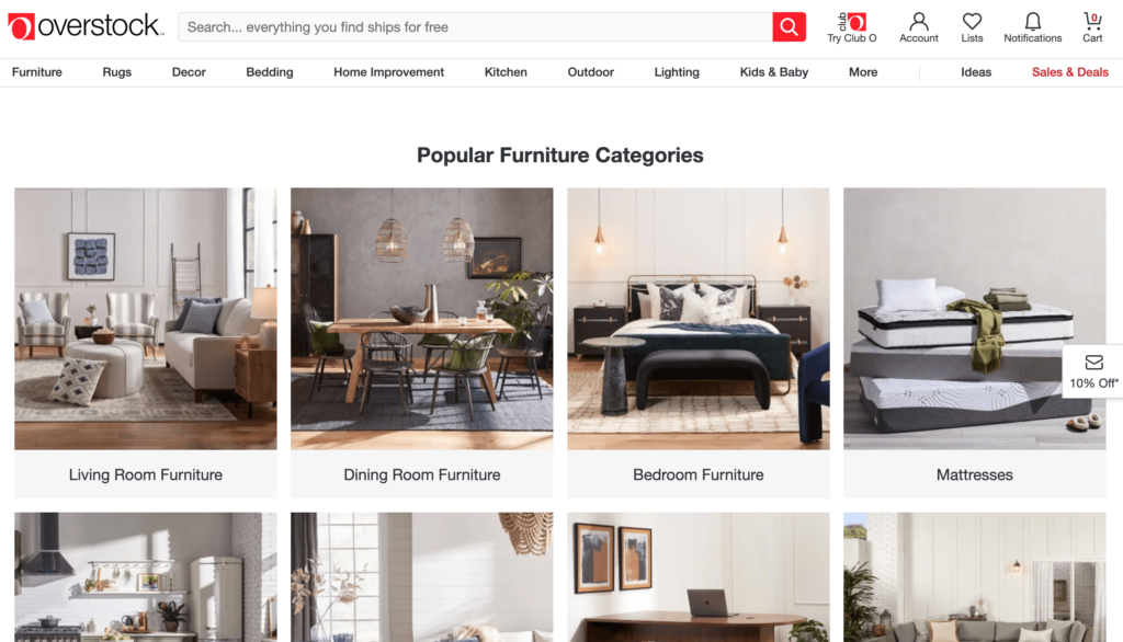 Overstock.com es un negocio de dropshipping que vende muebles y otros alimentos para el hogar