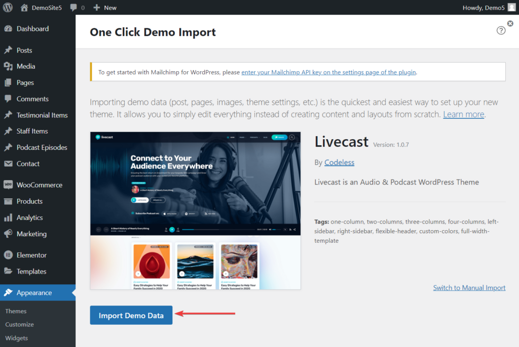 importar datos de demostración en el tema de wordpress livecast