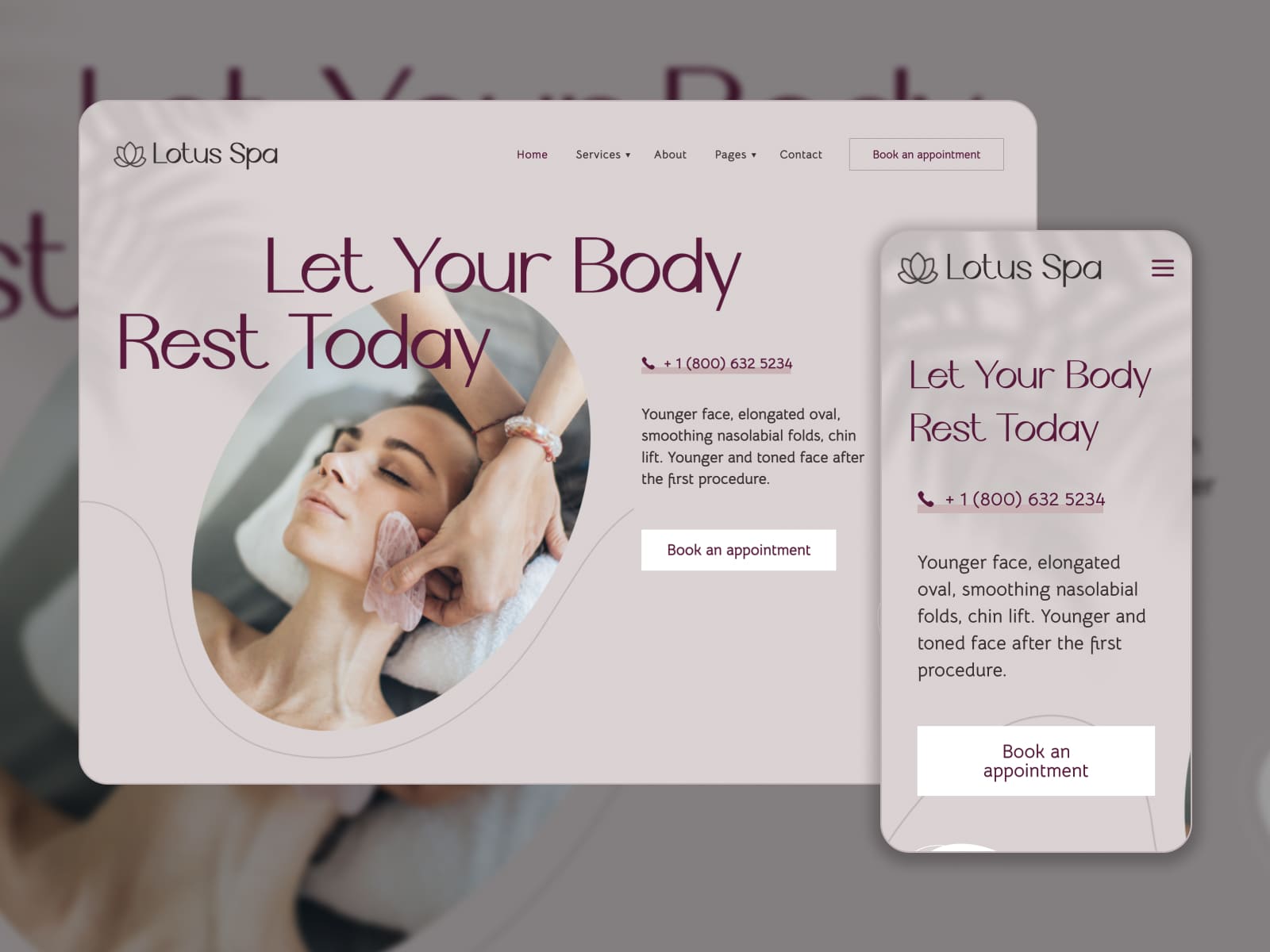 Collage der Lotus Spa WordPress-Theme-Demoseite in rosa und dunkelrosa Farben.